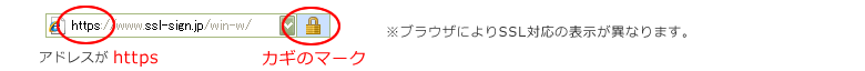 SSL表記(ブラウザにより表示が異なります)